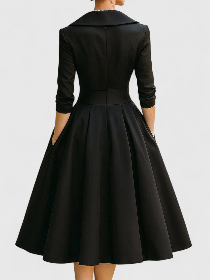 Women's Elegant Pleated Flared Midi Dress with Wrap Bodice