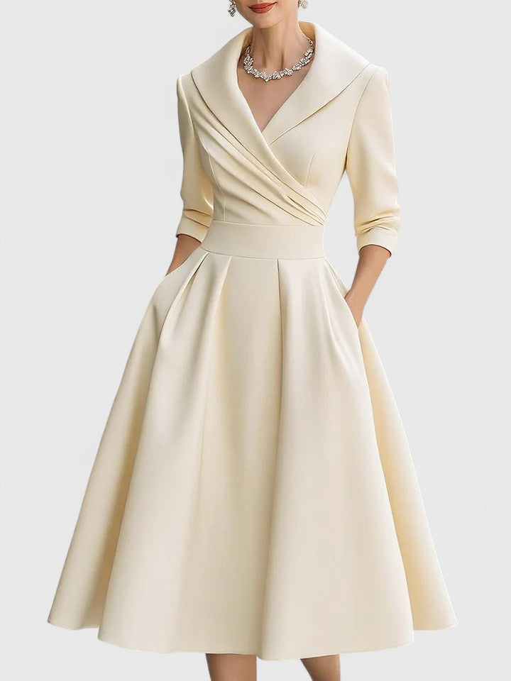 Women's Elegant Pleated Flared Midi Dress with Wrap Bodice