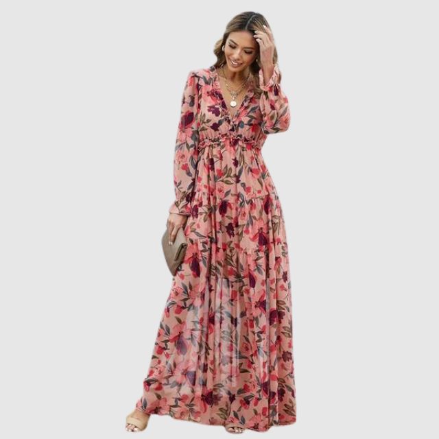 Chiffon Maxi Dress with Floral Print Valéora, view 2 - Elena Harper