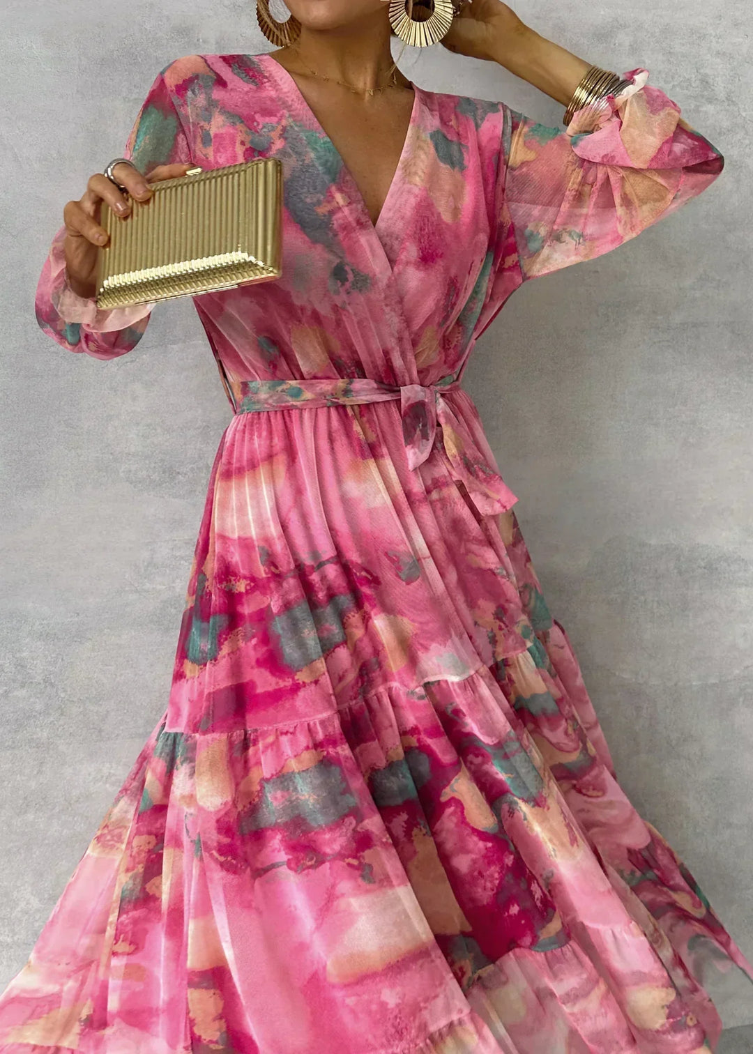 Amber Floral Print Wrap Maxi Dress with Long Sleeves - Elena Harper