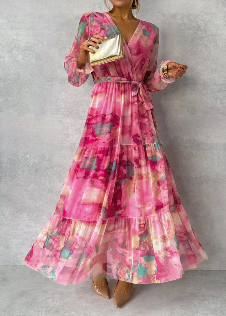 Amber Floral Print Wrap Maxi Dress with Long Sleeves - Elena Harper