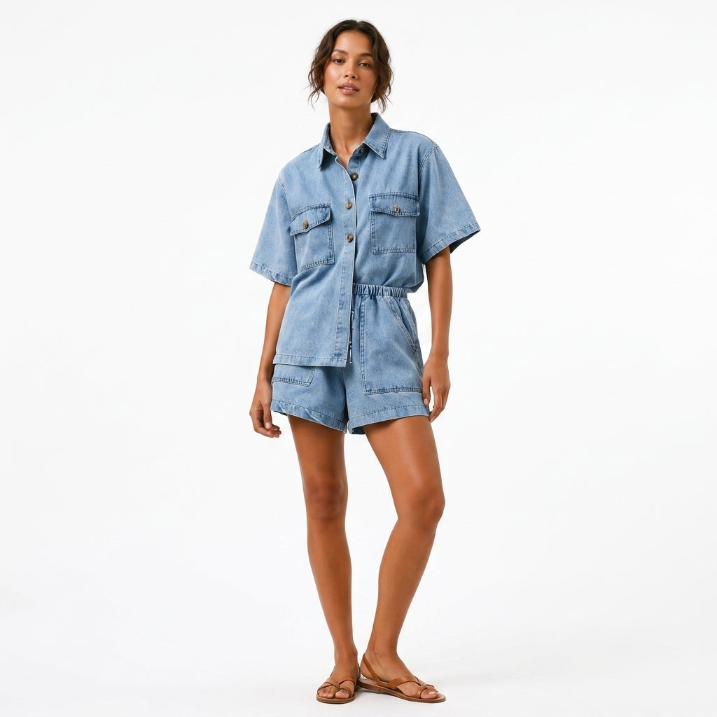Blue Denim Two Piece Set Shirt and High-Waist Shorts