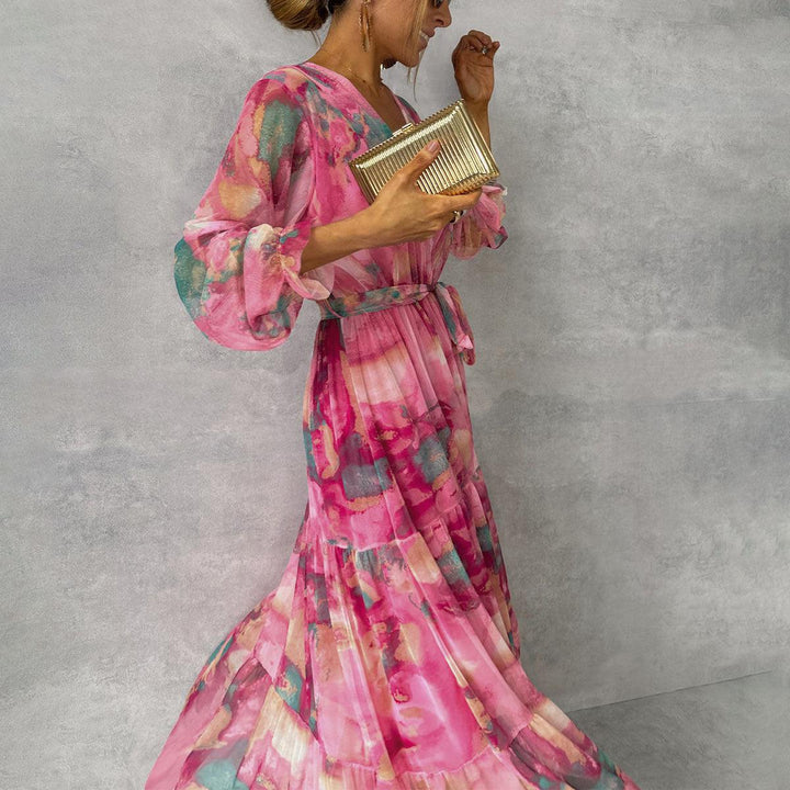 Susanne | Women's Flowing, Pleated Maxi Dress with Belt and Floral Pattern
