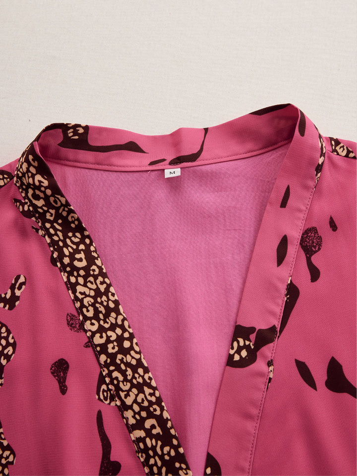Casual Loose Rose Red Chiffon Leopard Print Long-Sleeved Jumpsuit, view 7 - Elena Harper