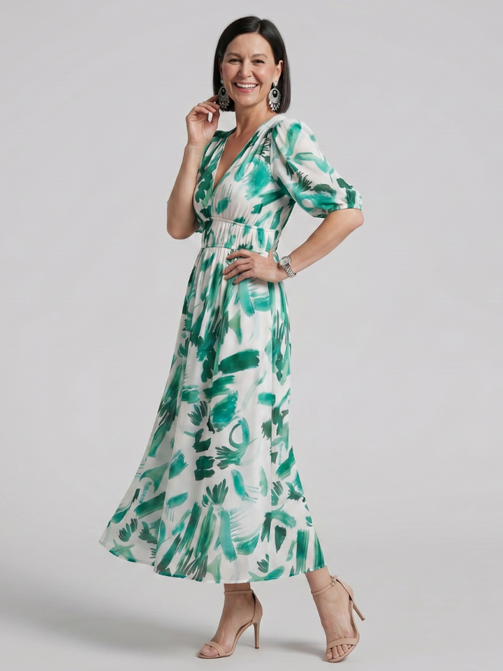 Candlia Puff Sleeve V Neck Abstract Print Midi Dress - Elena Harper