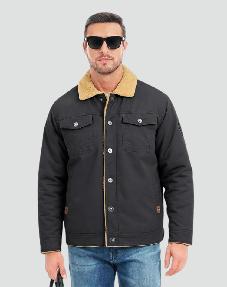 Sherpa Fleece Jacket Men Lined Snap Buttons Chest Pockets