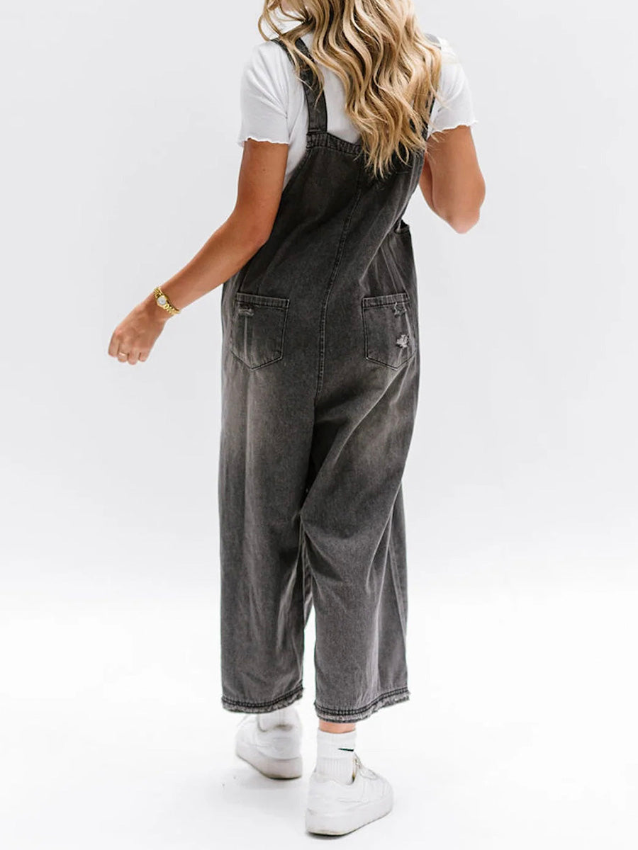 ELESSA – LOOSE FIT DENIM DUNGAREES IN DISTRESSED LOOK