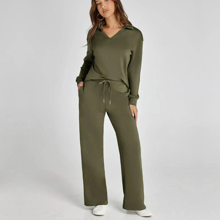 Ladies Loungewear Set with V-Neck Sweater and Wide Comfy Pants