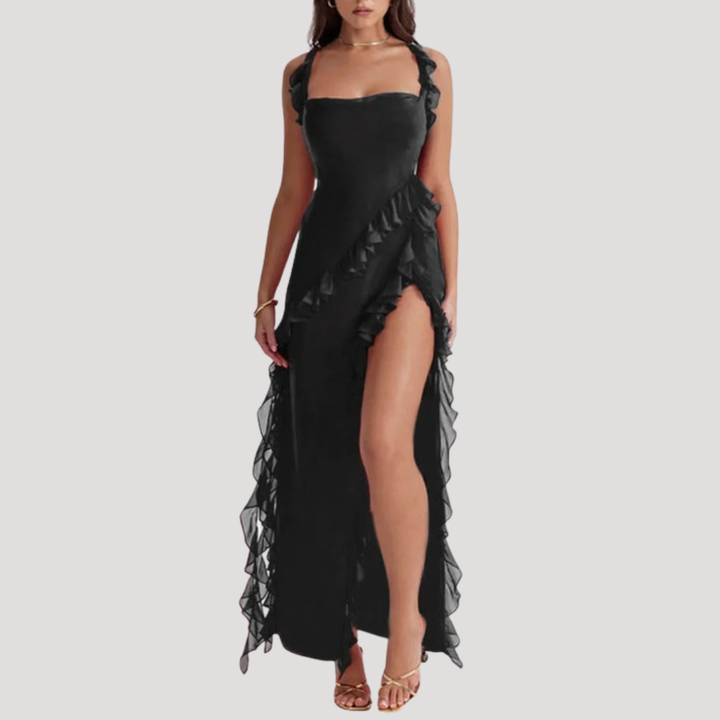 Elegant Long Split Dress with Ruffles