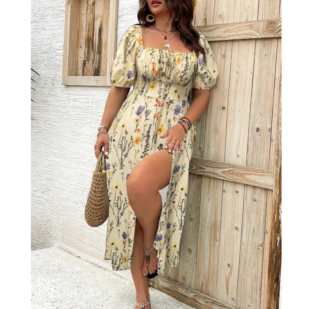Women's Puff Sleeve Slit Midi Dress - Elegant & Flattering
