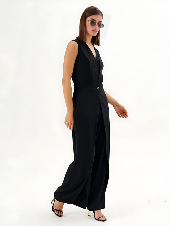 Black sleeveless jumpsuit with wrap effect and wide legs, view 9 - Elena Harper