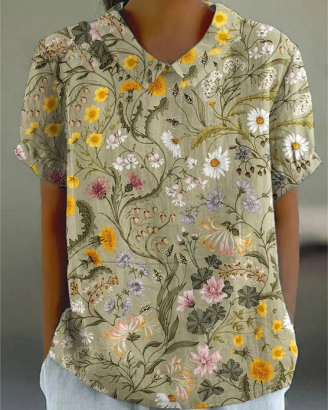 Beatrix Cotton-Linen Shirt with Retro Flowers, view 6 - Elena Harper