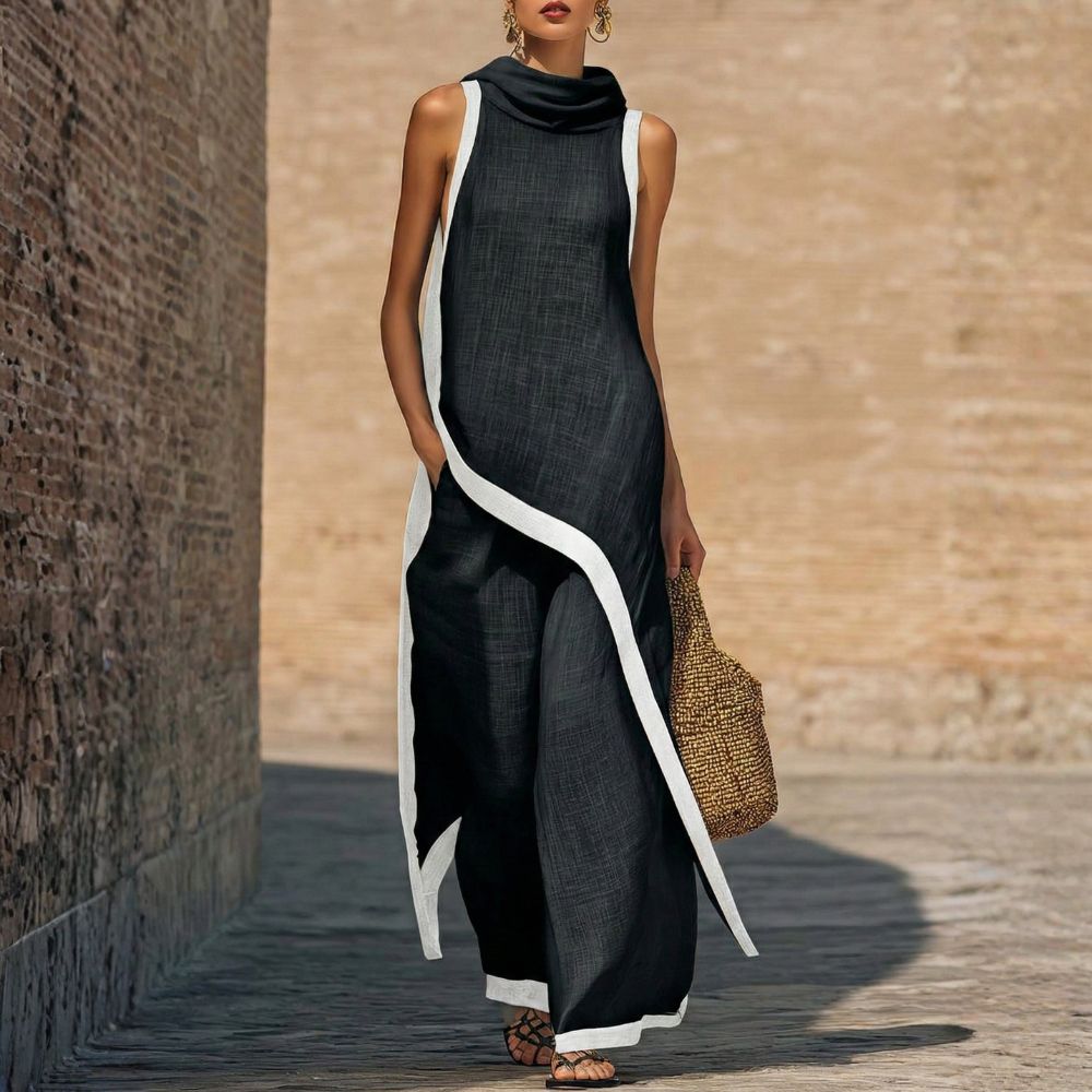 Women's Linen and Cotton Outfit with Asymmetrical Tunic and Wide Pants