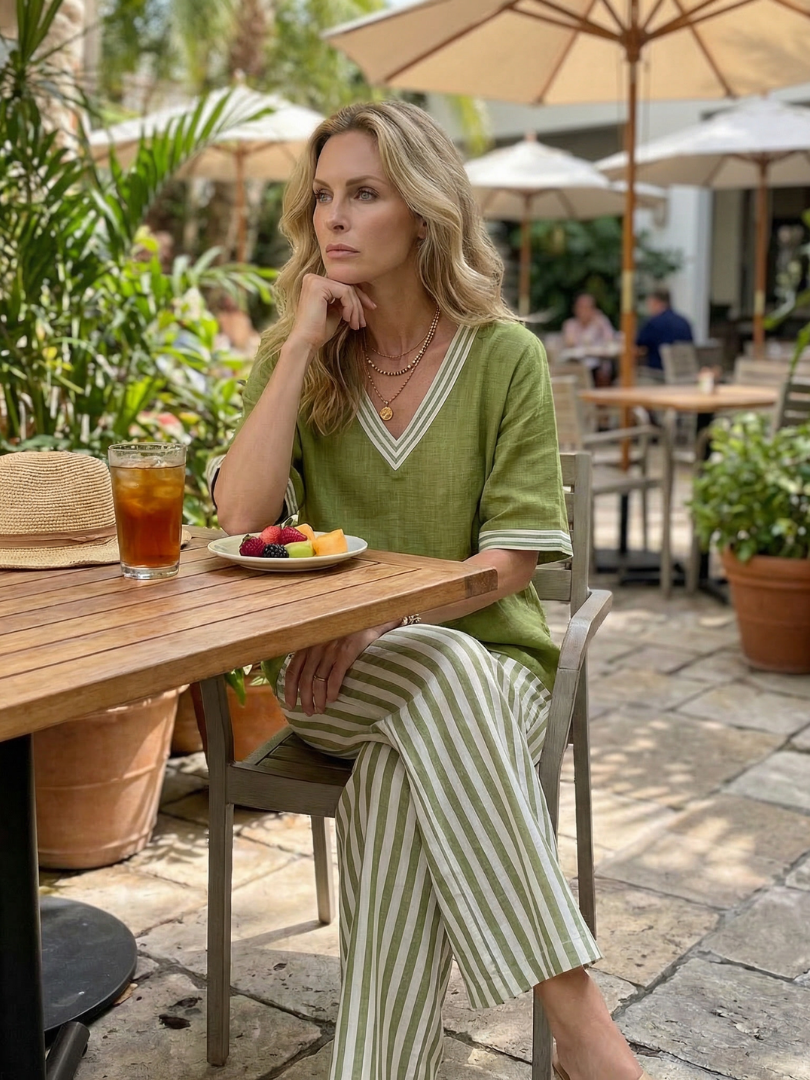 Women's Relaxed Contrast V-Neck Tunic & Striped Trousers Set