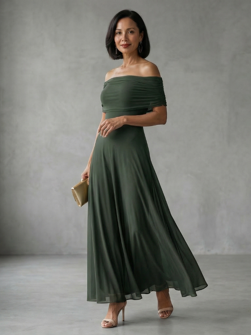 Women's Elegant Off Shoulder Draped Midi Dress