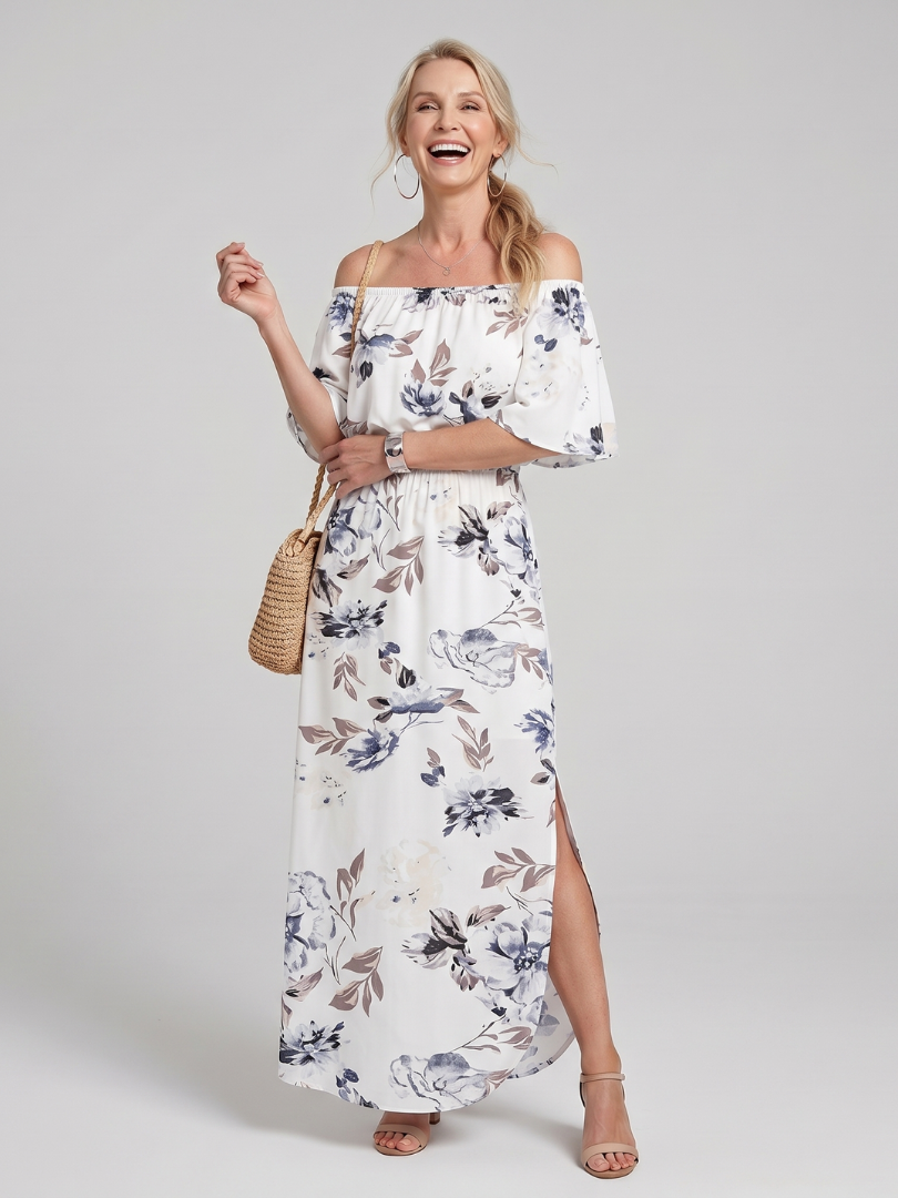Elowira Off Shoulder Soft Floral Print Midi Dress - Elena Harper