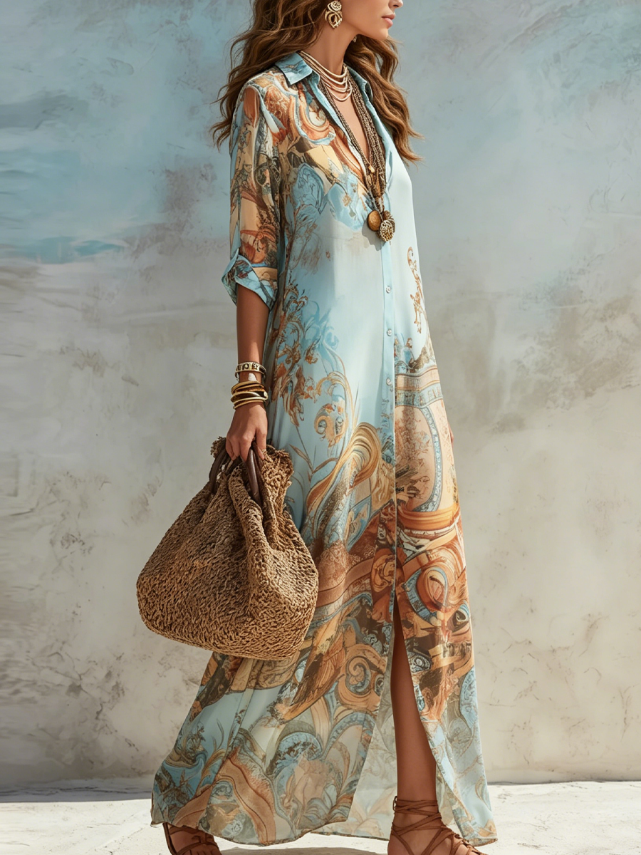 Long Women's Shirt Dress with Fluid Artistic Print