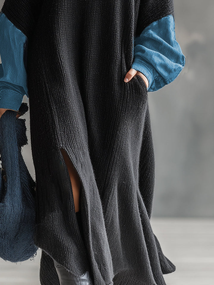 Fashionable Casual Black Knitted Denim Trim Maxi Dress