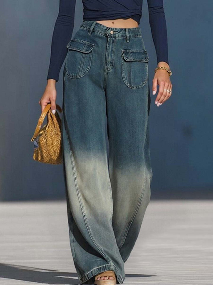Casual Fashion Gradient Washed Denim Blue Gray Loose Pants - Elena Harper