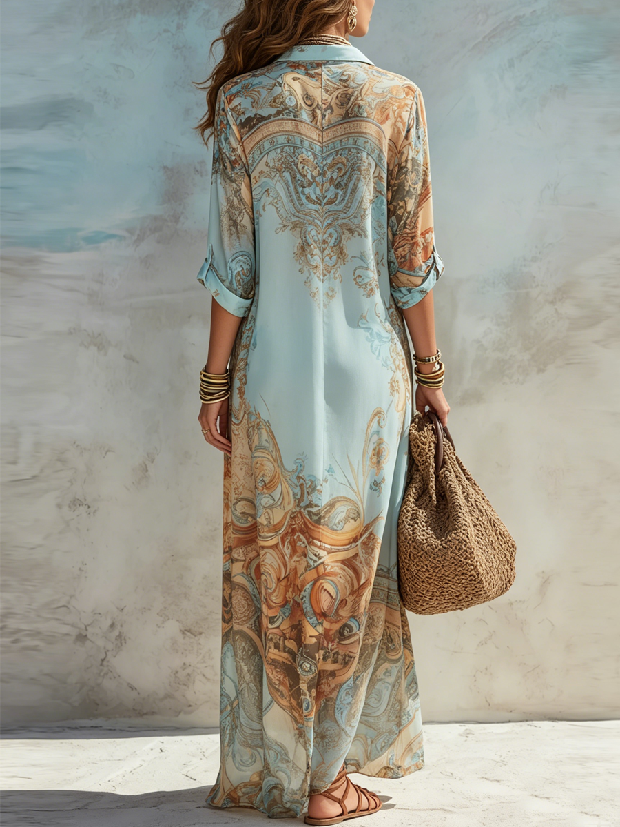 Long Women's Shirt Dress with Fluid Artistic Print