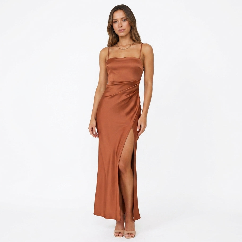 Brown High Split Maxi Dress Evening