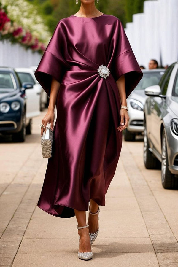 Satin Elegant Brooch Embellished Casual Round Neck Midi Dress