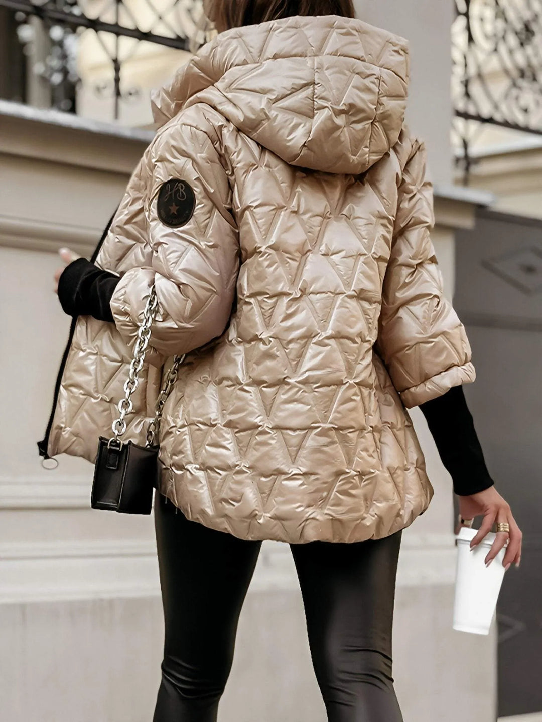 Women's Quilted Hooded Jacket with Diamond Pattern