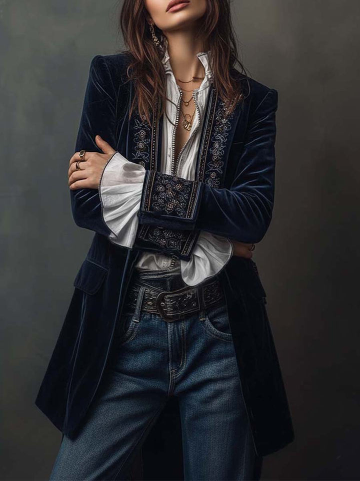 Cleo - Women's Vintage Navy Embroidered Longline Jacket