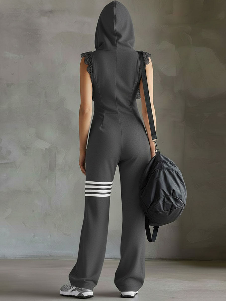 Giada Retro Sports Jumpsuit with Hood and Stripes - Elena Harper