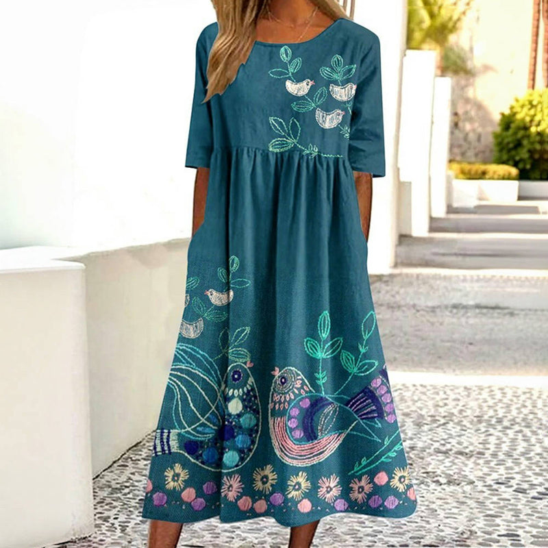 Vintage Bird Print Dress