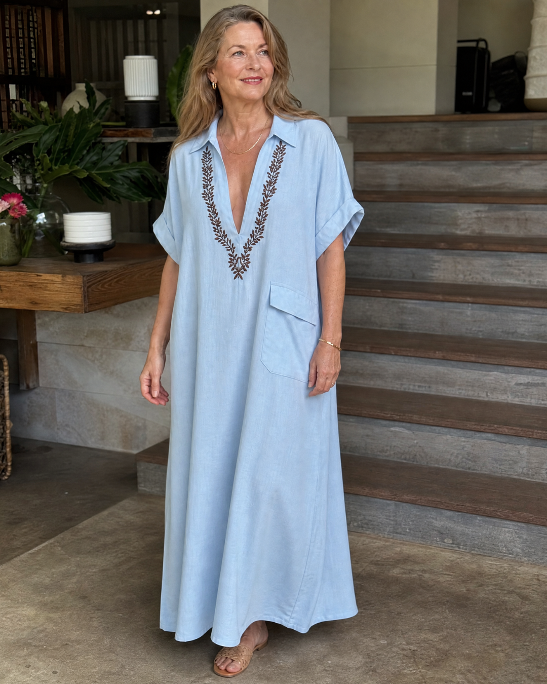 Elakeja Embroidered V Neck Pocket Detail Relaxed Midi Dress - Elena Harper