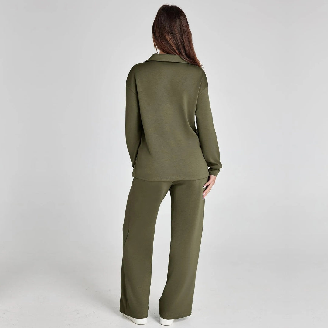 Ladies Loungewear Set with V-Neck Sweater and Wide Comfy Pants