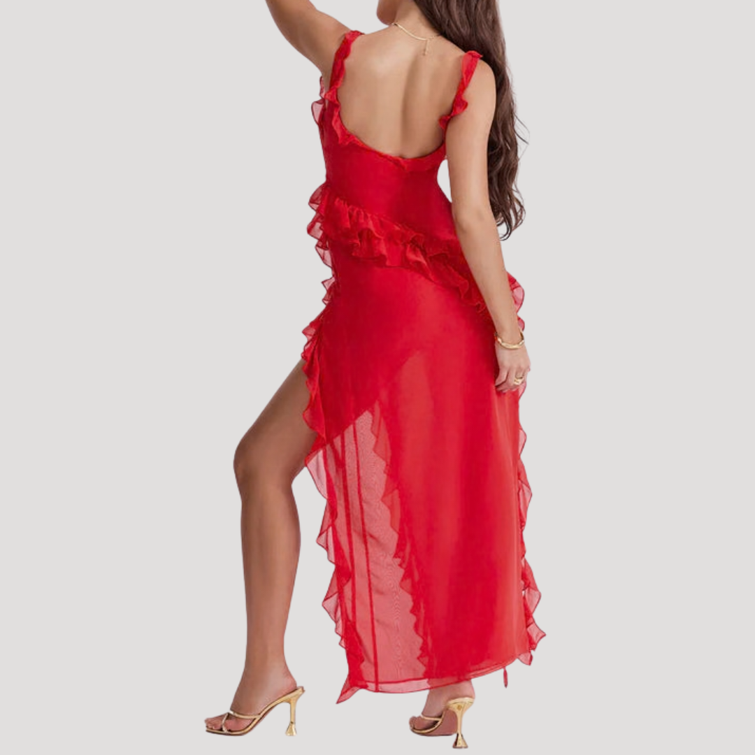 Elegant Long Split Dress with Ruffles