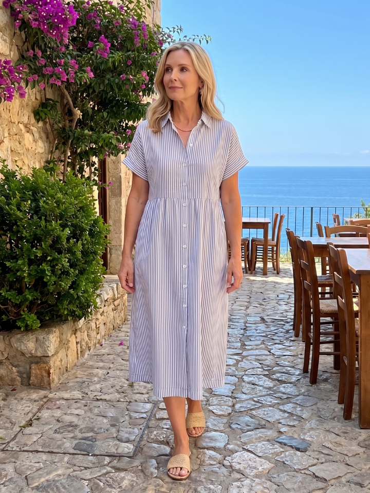 Women's Striped Short Sleeve Button-Front Midi Dress