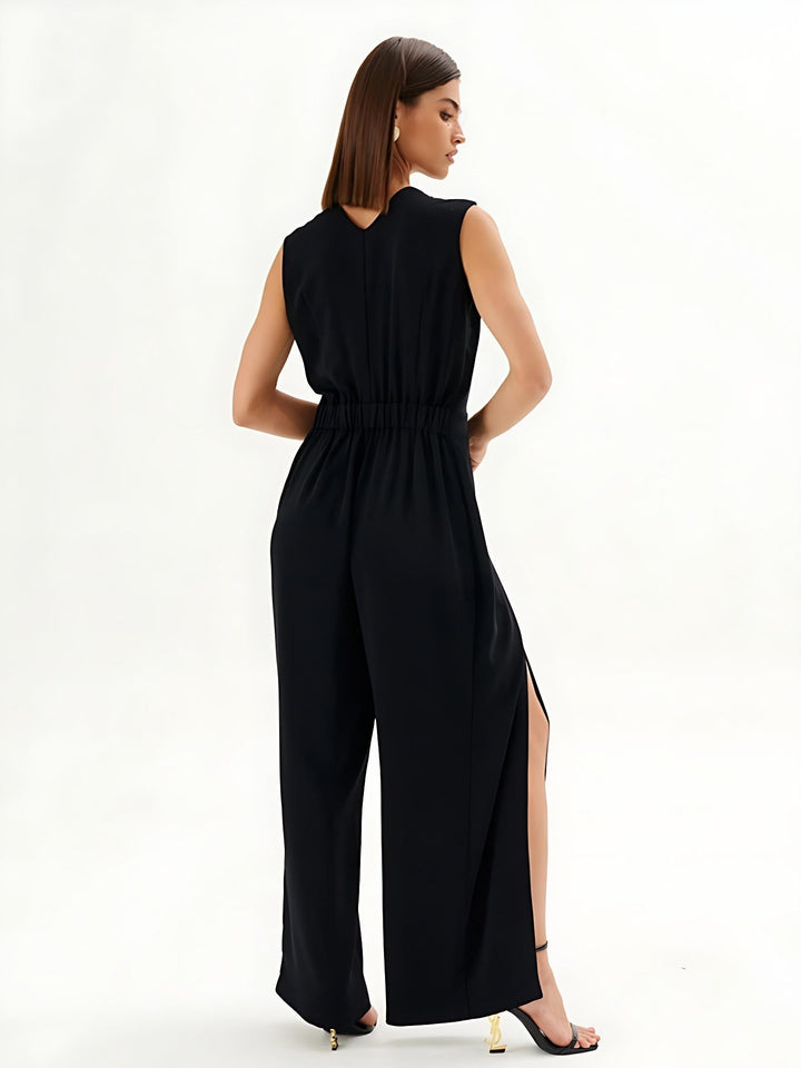 Black sleeveless jumpsuit with wrap effect and wide legs