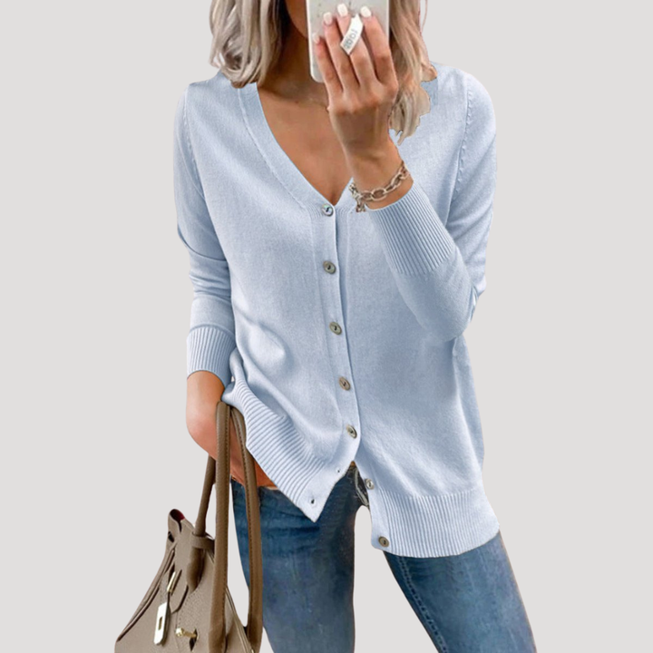 Women's V-Neck Knit Cardigan with Ribbed Cuffs