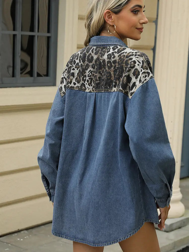 Leopard Patchwork Loose Denim Shirt, view 4 - Elena Harper