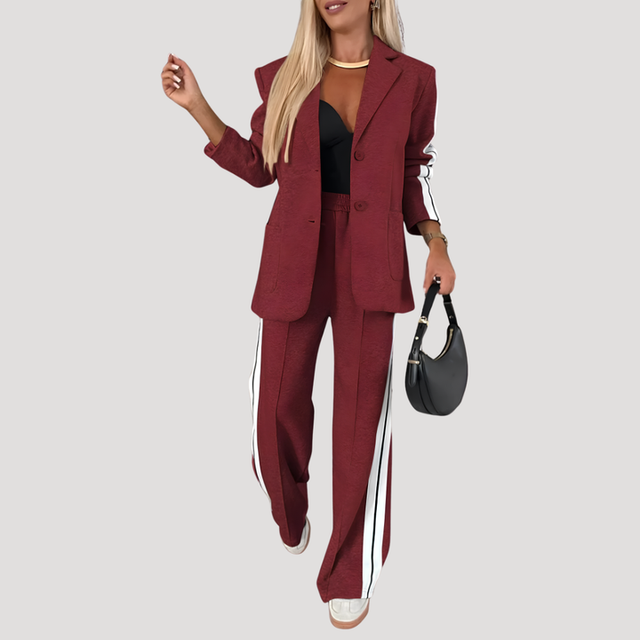 Women's Blazer Set with Striped Wide Pants
