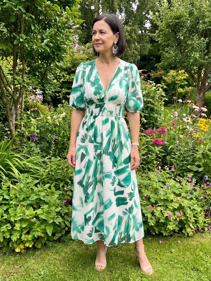 Candlia Puff Sleeve V Neck Abstract Print Midi Dress - Elena Harper