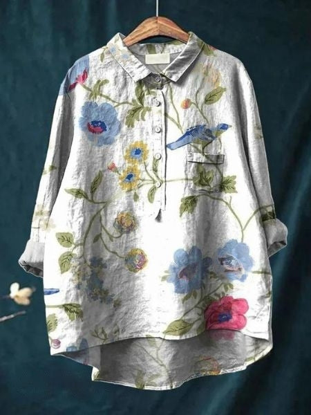 Leonie Women's Floral Blouse with Button Placket and Pocket, view 8 - Elena Harper