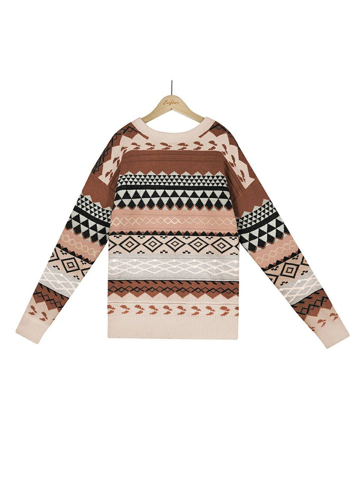 Jacquard Multicolor Patchwork Knit Sweater, view 9 - Elena Harper