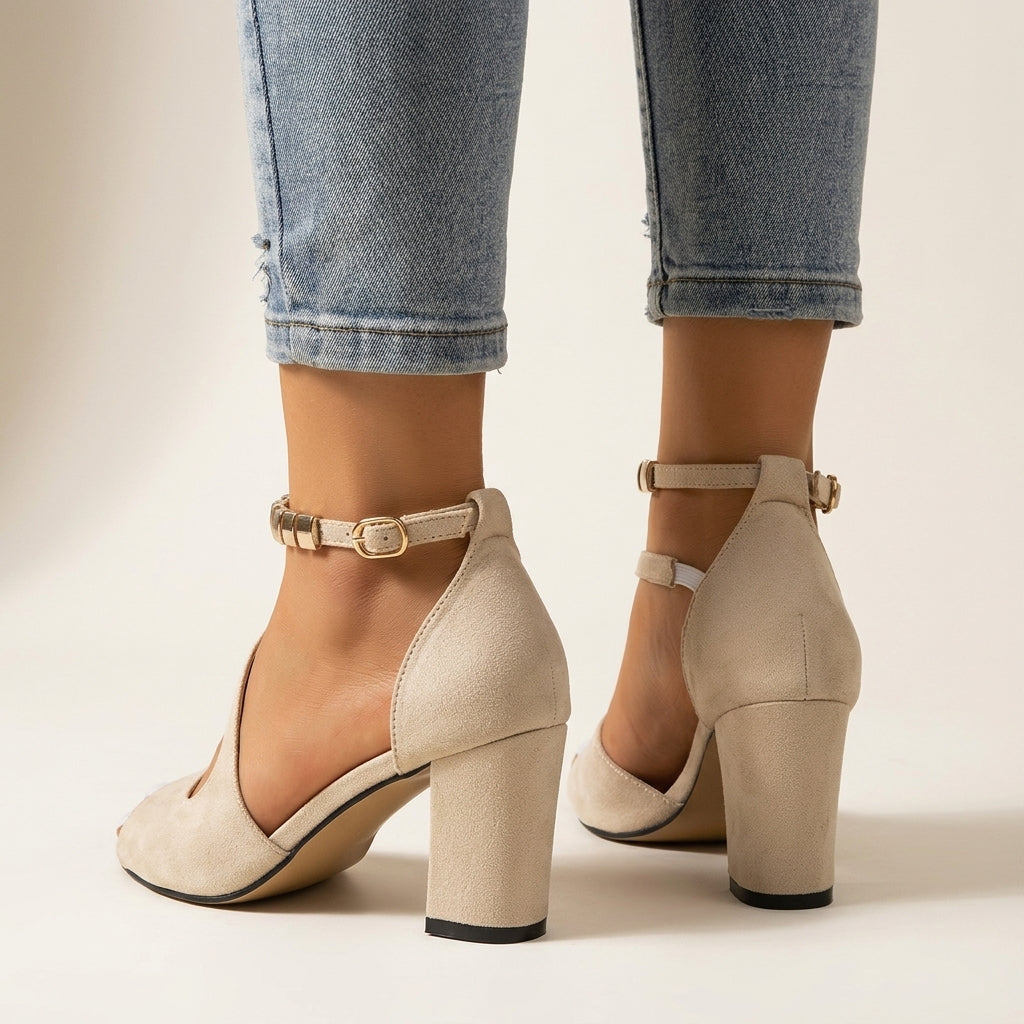 Beige Block Heel Sandals Wedding Guest Occasion Outfit