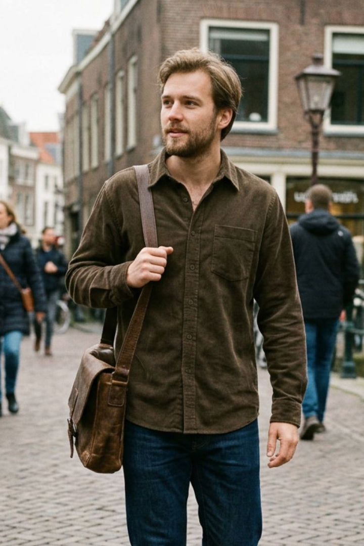 Men's Cord Shirt with Button Placket and Chest Pocket