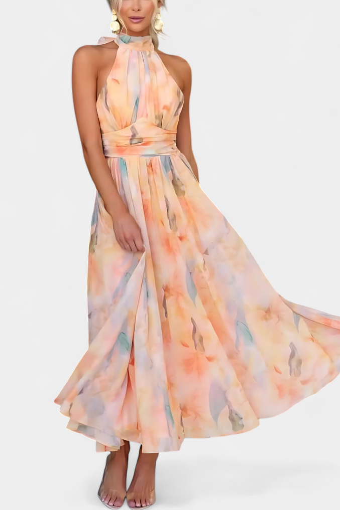 Alaia Dress with Watercolor Print and Halter Neck - Elena Harper