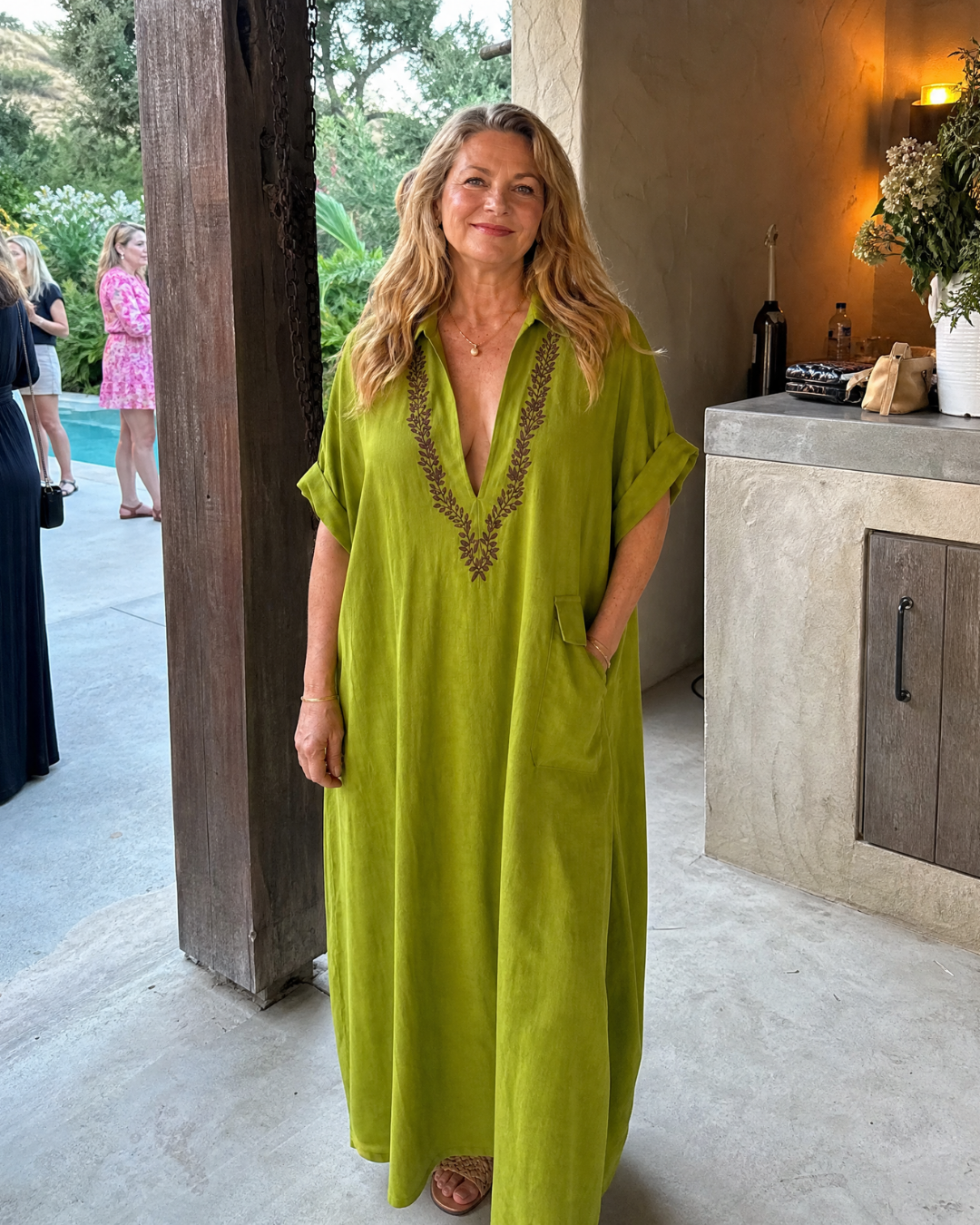 Elakeja Embroidered V Neck Pocket Detail Relaxed Midi Dress - Elena Harper