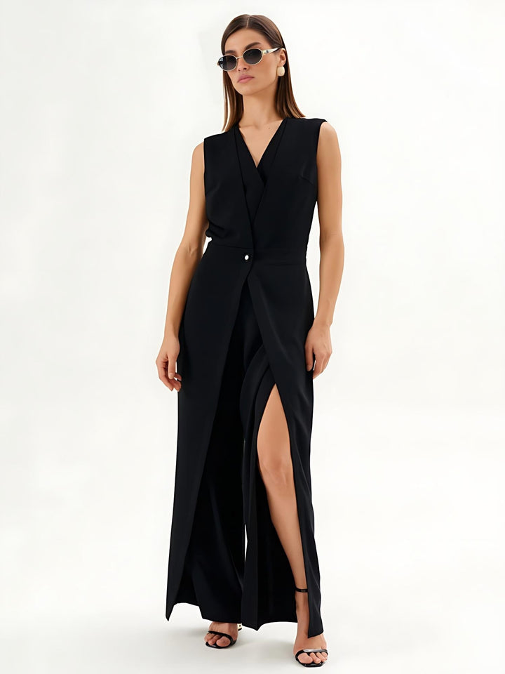 Black sleeveless jumpsuit with wrap effect and wide legs, view 5 - Elena Harper