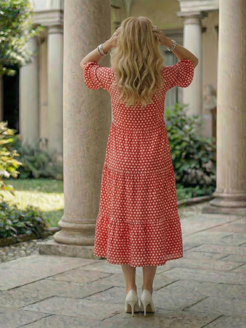 Arlo Polka Dot Tiered Midi Dress Short Sleeve - Elena Harper