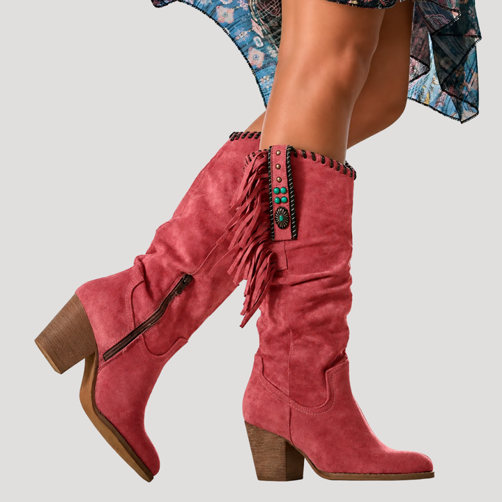 Mid-Calf Fringe Boots for Women with Square Heel