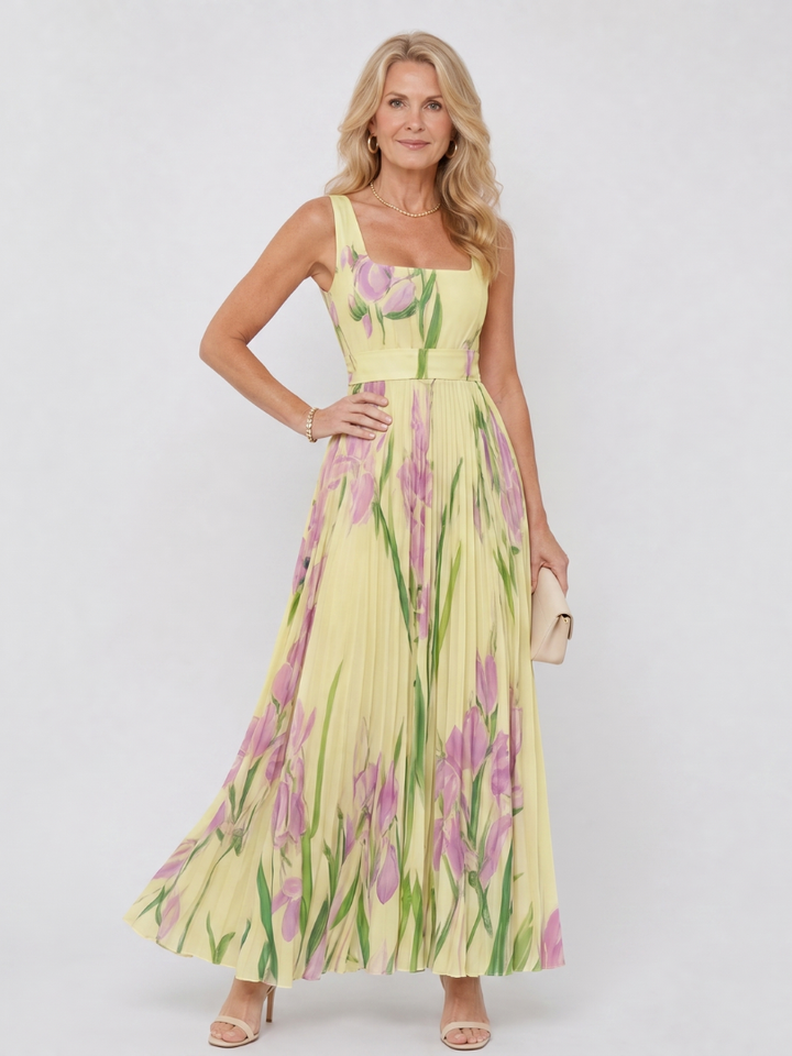 Women's Pleated Sleeveless Square Neck Midi Dress