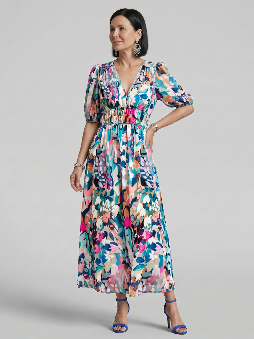 Candlia Puff Sleeve V Neck Abstract Print Midi Dress - Elena Harper